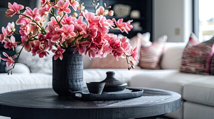 Black coffee table with a pink floral centerpiece in a modern living room - obrazy, fototapety, plakaty