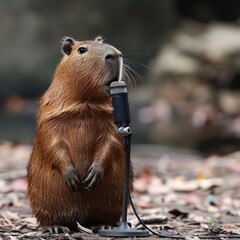 Capybara as a news reporter with a microphone - obrazy, fototapety, plakaty