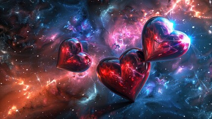 3D hearts in a galactic space background - obrazy, fototapety, plakaty