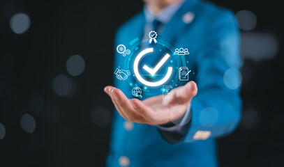 Guarantee service, business performance internet checklist concept. Businessman correct sign mark on document online approve paperless, quality assurance. test online survey, fill digital form