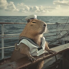 Capybara in a sailor uniform on the deck of a ship - obrazy, fototapety, plakaty