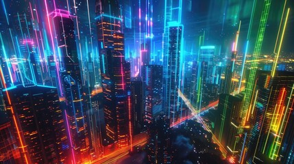 City skyline and neon circuit trails linking buildings dynamically - obrazy, fototapety, plakaty