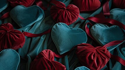 Close up of silk hearts tied with a velvet ribbon - obrazy, fototapety, plakaty