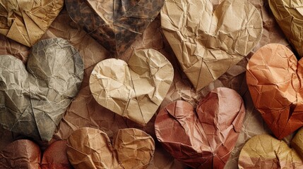 Close up of hearts made from recycled paper in earth tones