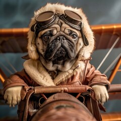 Fototapeta na wymiar Pug in an aviator jacket and goggles sitting in a toy plane