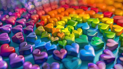 Rainbow colored hearts arranged in a spiral pattern - obrazy, fototapety, plakaty
