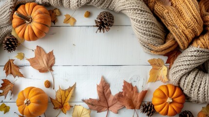 Seasonal autumn items like leaves pumpkins - obrazy, fototapety, plakaty