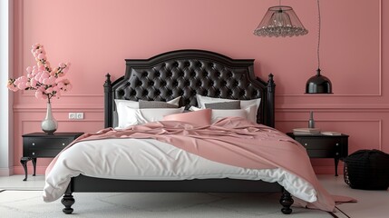 Stylish bedroom with pink walls and black furniture - obrazy, fototapety, plakaty