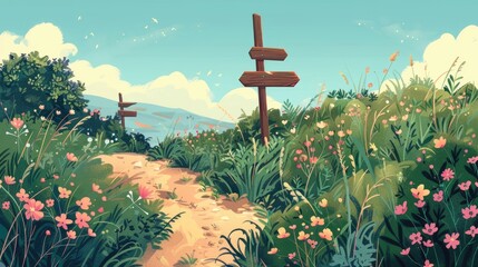 Summer hiking trail with signposts and blooming bushes - obrazy, fototapety, plakaty