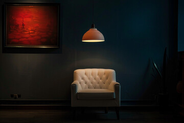 An atmospheric shot of a modern sofa chair illuminated by the warm glow of a pendant light, creating a cozy ambiance.