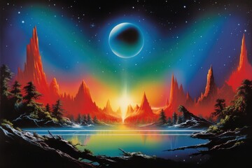 Fototapeta premium Galaxy landscape reflection astronomy.