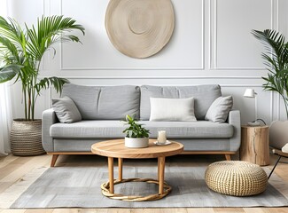 Scandinavian living room interior with a grey sofa, wooden coffee table and orange pillows near a cabinet against a white wall