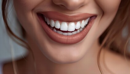 Obraz premium Radiant Smile: Close-Up Portrait of a Beautiful Woman Showcasing Healthy White Teeth on a Gray Background 