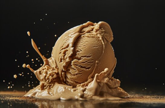 Scooped caramel ice cream with splash on dark background