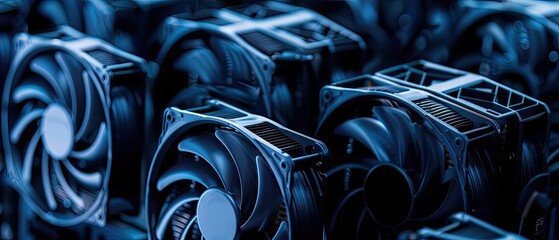 A close up of a bunch of computer cooling fans. - obrazy, fototapety, plakaty