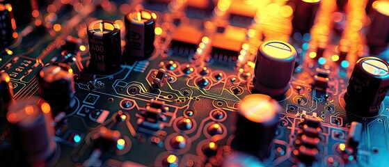 A close up of a circuit board with orange lighting. - obrazy, fototapety, plakaty
