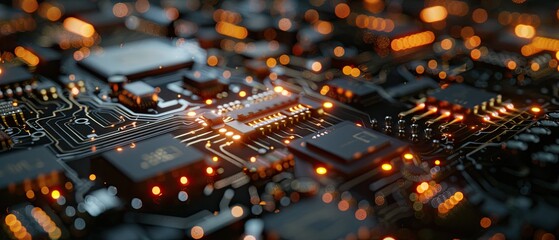 A close up of a computer chip with orange glowing lights. - obrazy, fototapety, plakaty