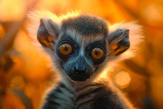 Close-up of a Lemur with Intense Eyes Against a Golden Background