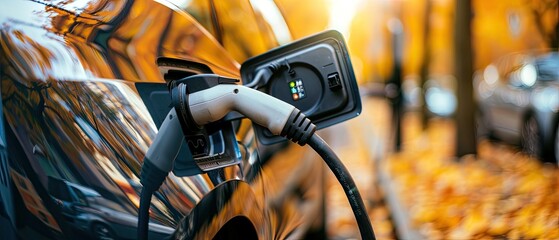 The image shows a close up of an electric car being charged at a charging station in the fall.