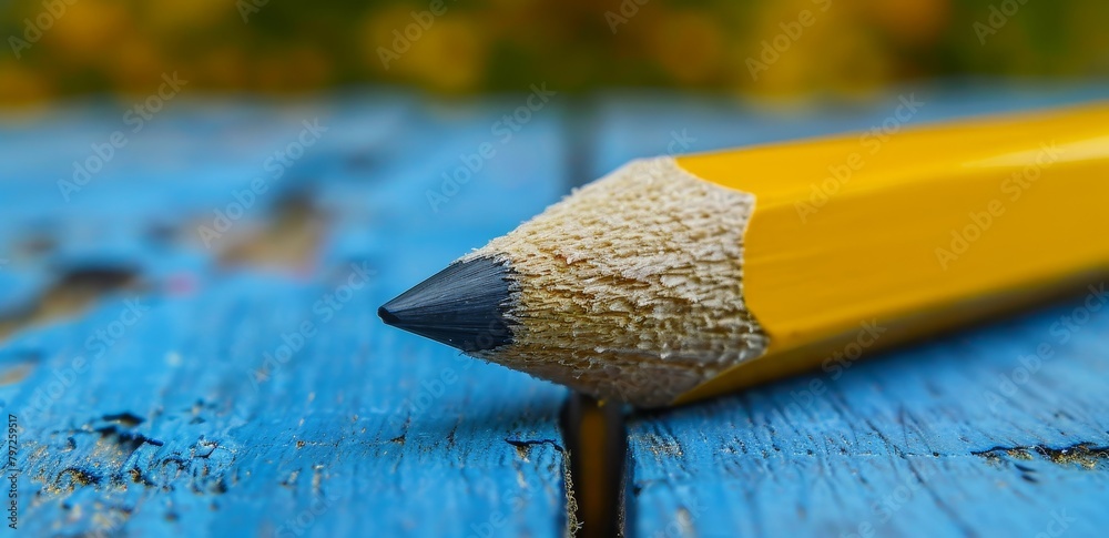 Wall mural close-up of a pencil on a wooden surface