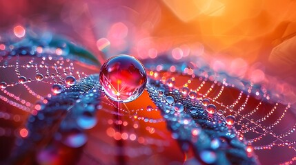 A droplet of morning dew clings to the edge of a spider's web, refracting the world around it into a miniature, upside-down universe. - obrazy, fototapety, plakaty