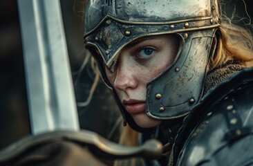 Fototapeta premium Medieval warrior woman in armor holding a sword