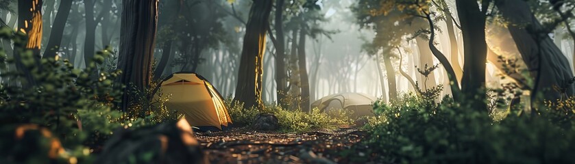 Capture the majesty of an enigmatic wilderness camping scene from a low-angle perspective using surrealism art techniques, featuring unexpected camera angles for a unique twist,