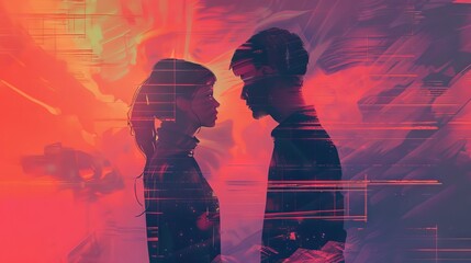 Craft a scene of star-crossed lovers meeting in a surreal digital realm, depicted in vector style with glitch art elements Showcase the emotional intensity through unexpected angles,