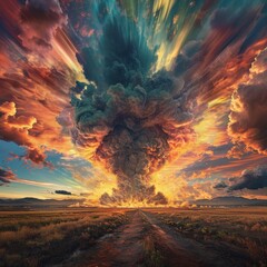 Dramatic Volcanic Eruption with Explosive Sky at Sunset