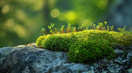 Fototapeta premium Lush green moss growing on a rock with soft sunlight filtering through