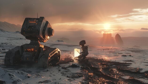 Illustrate a futuristic landscape where a robotic companion discovers an ancient love letter in a post-apocalyptic world Embrace the contrast of emotions using 3D rendering techniques with a worms eye
