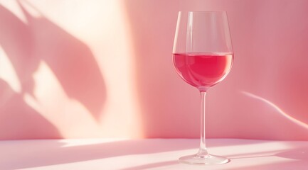 Glass of pink wine against a pink background with light and shadow creating a minimalist style.