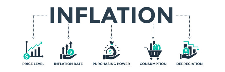 Inflation banner with glyph icon of the price level, inflation rate, purchasing power, consumption, and depreciation 