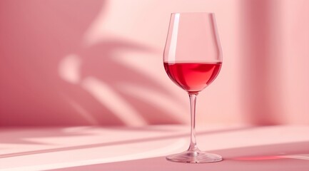 Glass of pink wine against a pink background with light and shadow creating a minimalist style.