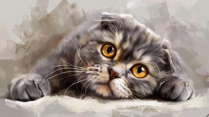 playful young scottish fold cat portrait realistic digital painting