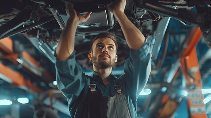 professional auto mechanic inspecting car undercarriage in modern repair workshop automotive service and maintenance concept