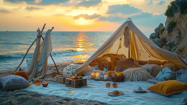 romantic camping setting in the beach at sunset