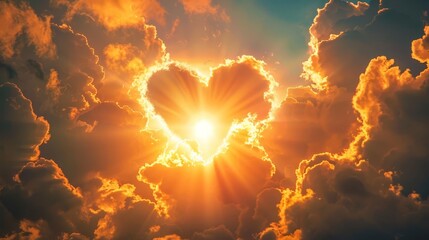 romantic heartshaped sun silhouette golden rays piercing fluffy clouds dreamy sky background