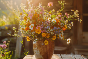 A close-up of a rustic ceramic vase holding a bouquet of wildflowers, bathed in golden hour sunlight.