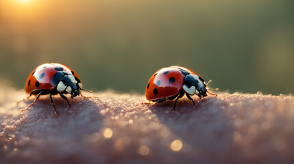 Fototapeta premium Sunset scene, red ladybug photo, macro ladybug photo close-up of ladybugs crawling back and forth