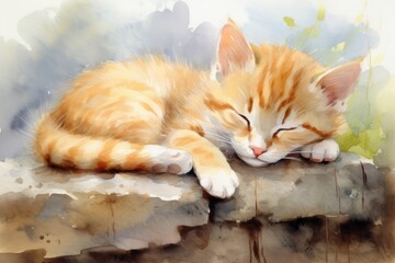 Cute baby kitten sleeping drawing animal. - obrazy, fototapety, plakaty