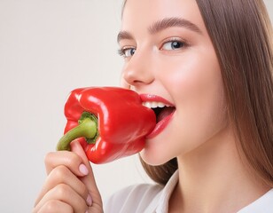 schöne frau mit schöne Lippen weißen zähne beisst in einen roten Paprika.