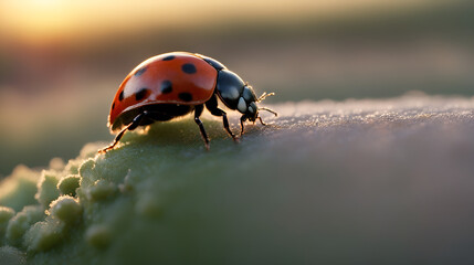 Naklejka premium Sunset scene, red ladybug photo, macro ladybug photo close-up of ladybugs crawling back and forth