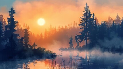 tranquil sunrise over misty lake with silhouettes of majestic trees in the foreground serene nature landscape digital painting