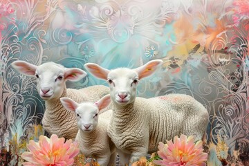 Easter art with 3 lambs. Sheep. Happy easter