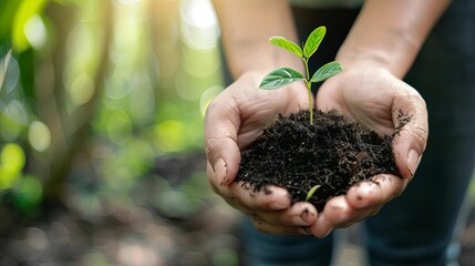 womans hands holding young plant in soil bokeh background environmental conservation concept