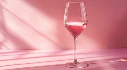 Glass of pink wine against a pink background with light and shadow creating a minimalist style.