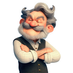 Obraz premium A dashing elderly cartoon character with a beard and a striking gray mustache confidently folded his arms across his chest