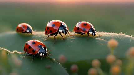 Fototapeta premium Sunset scene, red ladybug photo, macro ladybug photo close-up of ladybugs crawling back and forth