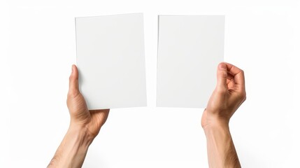 male hand holding two blank sheets of paper isolated on white versatile mockup image